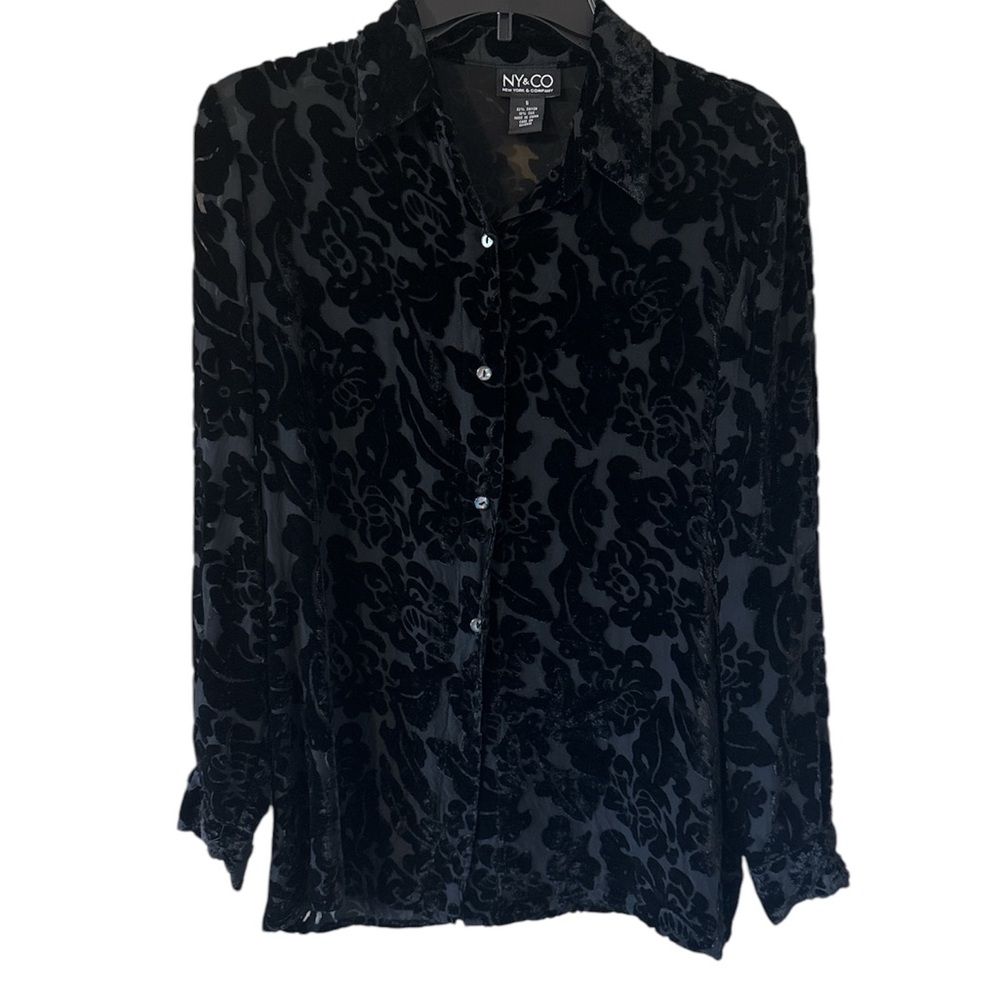 NY & Co Women’s Black Burned out Velvet Floral button down Blouse semi sheer S